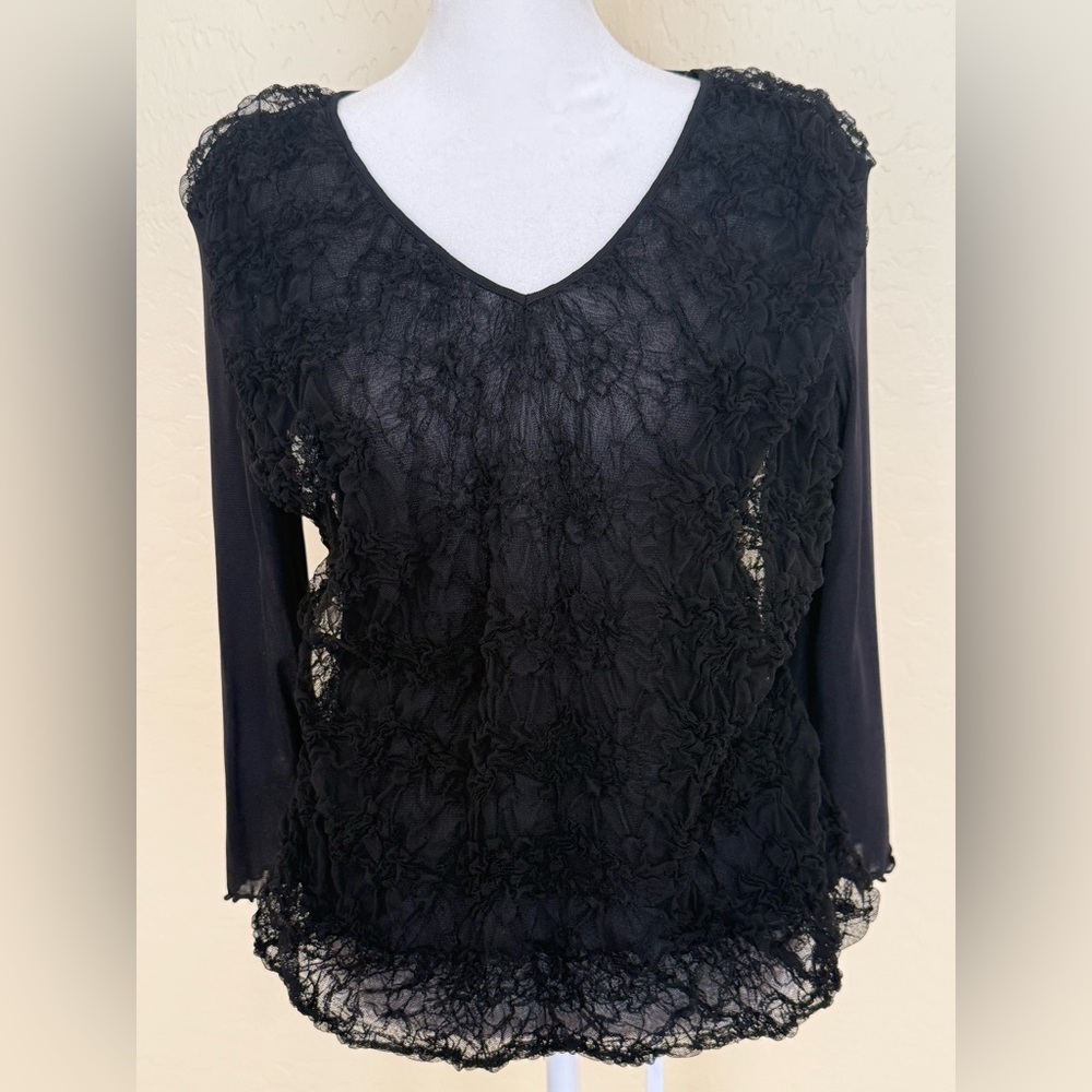 UN DEUX TROIS Black Mesh Lace Vneck Top Blouse Fairy Whimsigoth SZ FR 42/44 US L